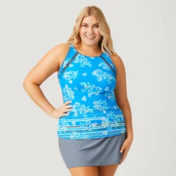 Women's Plus Size Summer Bouquet Highneck Tankini Top -Refined Fashion SA2106149X CARR BLUE CLOUD GREY 001