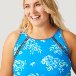 Women's Plus Size Summer Bouquet Highneck Tankini Top -Refined Fashion SA2106149X CARR BLUE CLOUD GREY 037