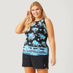 Women's Plus Size Summer Bouquet Highneck Tankini Top -Refined Fashion SA2106149X PALE ARUBA BLACK 020