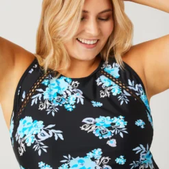 Women's Plus Size Summer Bouquet Highneck Tankini Top -Refined Fashion SA2106149X PALE ARUBA BLACK 044