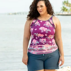 Women's Plus Size Summer Bouquet Highneck Tankini Top -Refined Fashion SA2106149X LS 001
