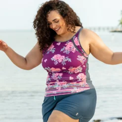 Women's Plus Size Summer Bouquet Highneck Tankini Top -Refined Fashion SA2106149X LS 002