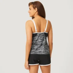 Women's Sparkling Space Dye V-neck Blouson Tankini Top -Refined Fashion SA2170151 BLACK WHITE 063