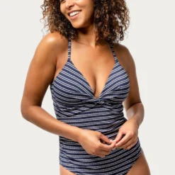 Women's Popcorn Stripe Twist Front One-Piece Swimsuit -Refined Fashion SF2004 POPCORN NAVY 126