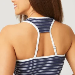 Women's Popcorn Stripe Twist Front Racerback Croptini Top -Refined Fashion SF2223 NAVY WHITE 072