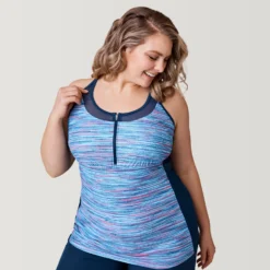 Women's Plus Size Ocean Mesh Zip Up Racerback Tankini Top